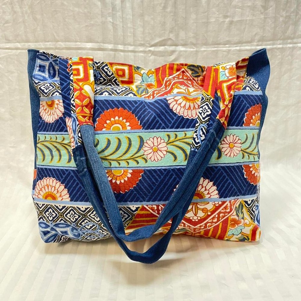 Handmade Reworked Textile Patchwork Patterned Vintage Medium Tote Bag Beach
